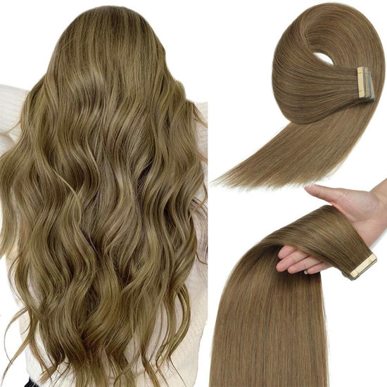 Picture of Tape in Hair Extensions Human Hair 16 Inch 20pcs Ash Brown Human Hair Tape in Extensions for Women Tape Ins Human Hair Extensions Seamless Invisible Tape in Hair Extensions Human Hair (8#, 16 Inch)