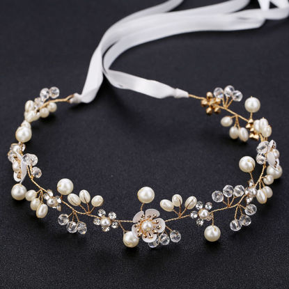 Picture of KAYZON Hair Accessories: Bridal Pearl Flower Headpiece Headband for Girls, Flower Girls, and Women (Gold)