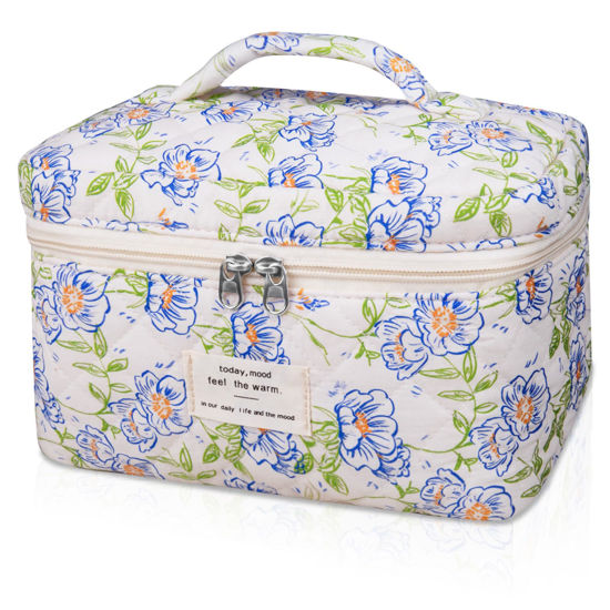 Picture of Large Makeup Bag, Cute Cosmetic Bag for Women Girls, Floral Coquette Aesthetic Toiletry Bag, Travel Make Up Organizer Bag (light blue)