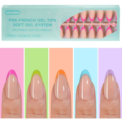 Picture of 150Pcs French Gel Nail Tips Almond, Vansiho French Tip Press on Nails, Medium Almond Nail Tips, Pre-French Tips Press on Nails, Acrylic Fake Nails for Nail Art DIY 15 Sizes