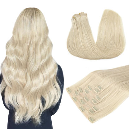 Picture of DOORES Clip in Hair Extensions Human Hair, Platinum Blonde Virgin Human Hair Clip in Extensions, Invisible Edge Clip in, 130g 7pcs 18 Inch Silky Straight Human Hair Extensions for Women