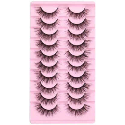 Picture of False Eyelashes Wispy Cat Eye Lashes Natural Look 3D Short Mink Lashes Pack 15MM Fluffy Strip Fake Eyelashes Extension Effect by Geeneiya, 10 Pairs