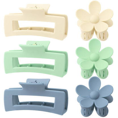 Picture of 6 Pack 4.1 Inche Large Rectangle Hair Claw Clips Matte Flower Hair Clips, for Women Thin Thick Curly Hair, Cute colorful hair clips