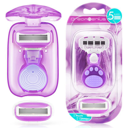 Picture of Travel Razors for Women Include 1 Handle and 2 Cartridges, Extra Smooth 5-Blade Travel Essentials Razor with Travel Case, Portable Travel Size Toiletries for Women, Purple