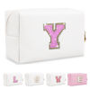 Picture of Small Initial Patch Makeup Bag Personalized Gifts Make Up Bag,White Cute PU Leather Glitter Letter Cosmetic Bag with Zipper,Trendy Portable Travel Toiletry Pouch,Preppy Stuff for Teen Girls Women Y