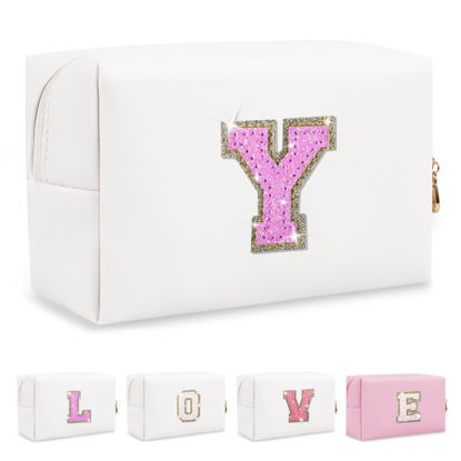 Picture of Small Initial Patch Makeup Bag Personalized Gifts Make Up Bag,White Cute PU Leather Glitter Letter Cosmetic Bag with Zipper,Trendy Portable Travel Toiletry Pouch,Preppy Stuff for Teen Girls Women Y