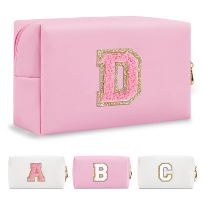 Picture of Personalized Initial A-Z Preppy Patch Makeup Bag,Small PU Leather Chenille Letter Cosmetic Bag with Zipper for Teen Girls,Pink Cute Travel Toiletry Bag,Birthday Monogrammed Gift for Daughter,Letter D