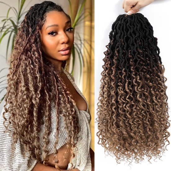Picture of 24 Inch Ombre Goddess Locs Crochet Hair 8 Packs Faux Locs Crochet Hair for Women 3 Tone River Locs Crochet Hair with Curly Ends Synthetic Hair Style (#1B/30/27)