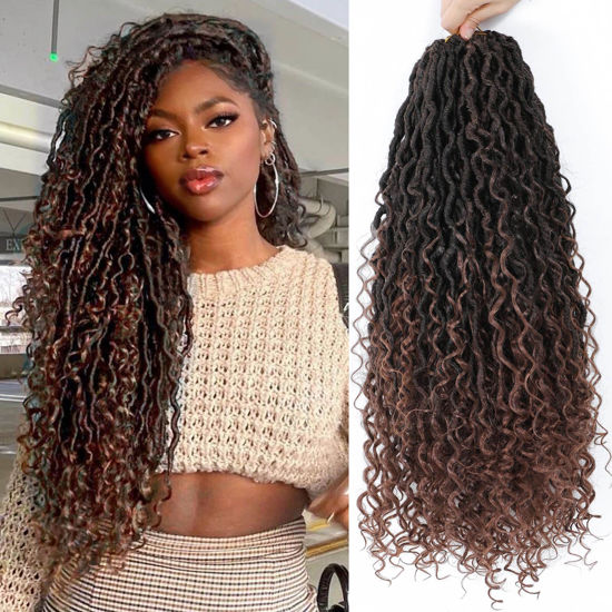 Picture of Goddess Locs Crochet Hair 18 Inch 8 Packs Faux Locs Crochet Hair for Women Pre Looped Crochet Boho Goddess Faux Locs Crotchet Hair with Curly Ends (18 Inch 8 Packs, #T30)