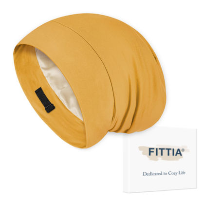 Picture of Fittia Satin Hair Bonnet for Sleeping, Silky No Frizzy for Curls Care, Adjustable Strap for Non-Slip, Dreadlocks Cap for Women&Men Mustard Yellow