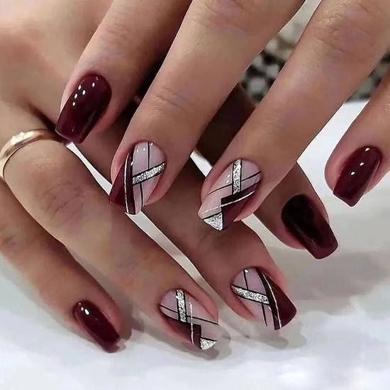 Picture of 24Pcs Liquor Red Press on Nails Medium RTKHFZE Square False Nails with Glitter Line Designs Fake Nails Medium Length Full Cover Acrylic Nails Stick on Nails for Women Nail Decorations