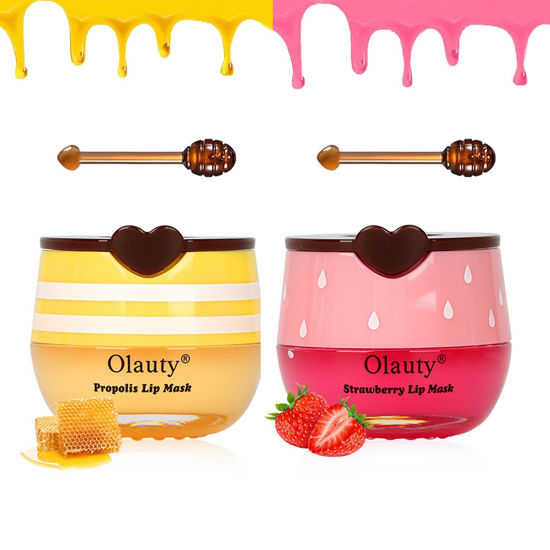 Picture of Bee Lip Balm Honey Pot, 2 PCS Strawberry & Honey Hydrating Prevention Dry and Cracked Lip Scrubs Exfoliator, Propolis Moisturizing Lip Sleep Mask Reduces Lip Lines, Lip Exfoliating Honey Bee Lip Mask