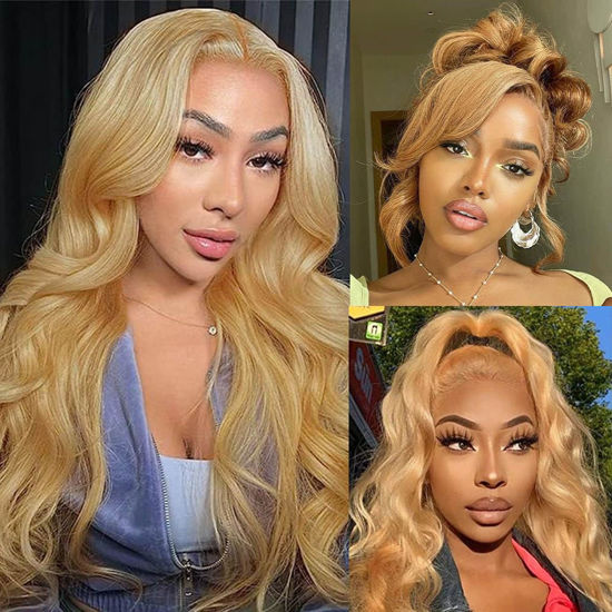 Picture of Avolo Honey Blonde Lace Front Wig Human Hair Pre Plucked 13x4 Colored Human Hair Lace Front Wigs 180% Density 27# Honey Blonde Wig Human Hair Body Wave HD Lace Frontal Wigs Human Hair 26 Inch