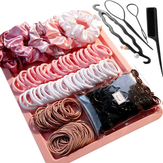 Picture of YANRONG Hair Accessories Set: 755PCS Seamless Ponytail Holders, Scrunchies, Hair Bands, and Hair Ties for Thick and Curly Hair (Gradient Powder)