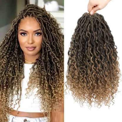 Picture of Col Bling 14 Inch 8 Packs Goddess Locs Crochet Hair Ombre Faux Locs Crochet Hair for Women Pre Looped Boho River Locs Crochet Hair with Curly Ends Synthetic (#T27)