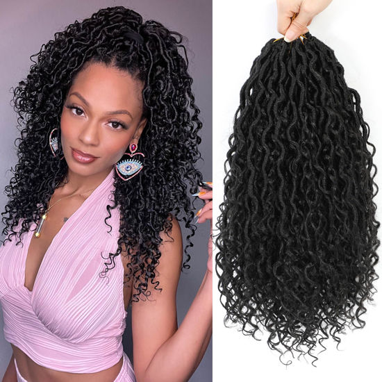 Picture of Col Bling 12 Inch 8 Packs Goddess Locs Crochet Hair Faux Locs Crochet Hair for Women Pre Looped River Locs Crochet Hair with Curly Ends Synthetic (12 Inch 8 Packs, #1B)