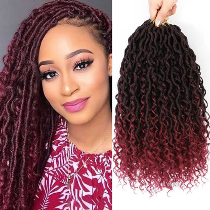 Picture of Col Bling 14 Inch 8 Packs Goddess Locs Crochet Hair Ombre Burgundy Faux Locs Crochet Hair for Women Pre Looped River Locs Crochet Hair with Curly Ends Synthetic (#TBUG)