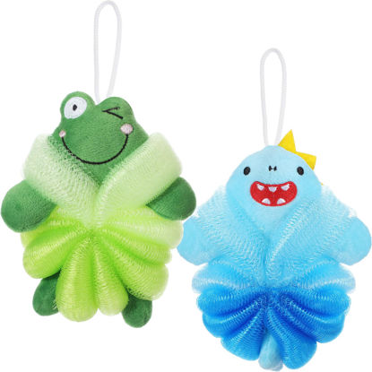 Picture of Nuenen 2 Pcs Bath Loofahs Kids Toddler Body Loofahs Cute Cartoon Kids Loofah Kid Bath Sponges Loofah Bath Pouf Body Scrubber Mesh Loofah Sponges for Children Shower Washing (Shark, Frog)