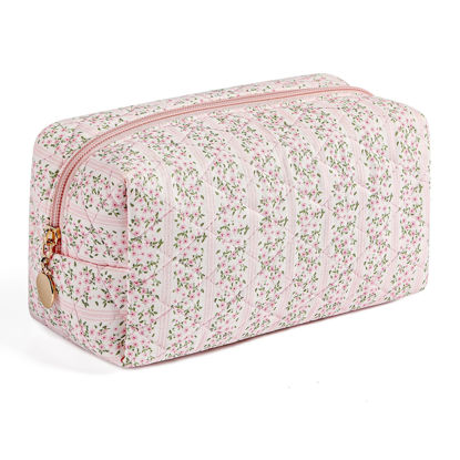Picture of HHQQWZ Makeup Bag Travel Cosmetic Bag for Women Girls, Zipper Make Up Pouch, Floral Flowers Toiletry Organizer Makeup, Portable Storage Bag, Cosmetic Travel Cloth Bag (Pink)