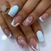 Picture of Square Press on Nails Medium Fake Nails French Gold Glitter Designs Butterfly False Nails Pink&Light Blue Acrylic Glue on Nails Glossy Full Cover Stick on Nails for Women Girls