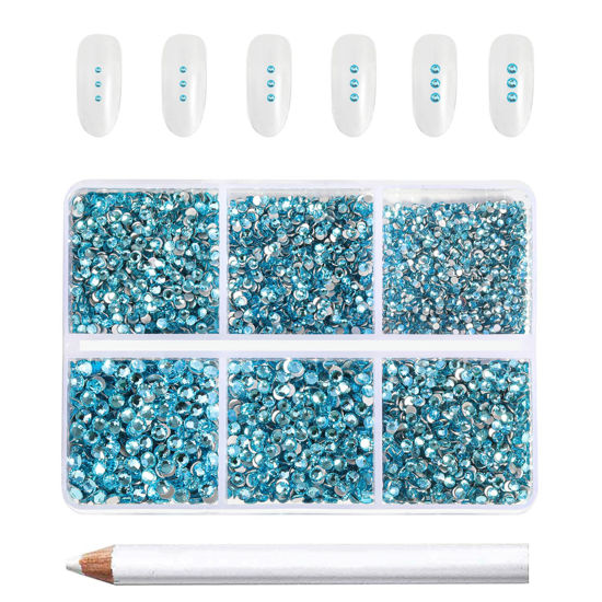 Picture of Beadsland 7200pcs Flatback Rhinestones,Blue Rhinestones Nail Gems Round Crystal Rhinestones for Crafts,Mixed 6 Sizes with Wax Pencil Kit, SS3-SS10,Aquamarine