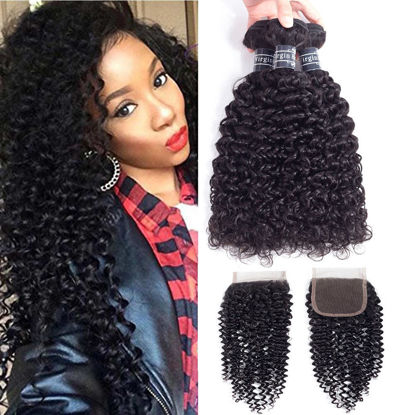 Picture of Amella Hair Brazilian Virgin Curly Hair Weave 3 Bundles with Lace Closure Free Part 4x4 8A 100% Unprocessed Brazilian Kinky Curly Hair Weave Bundles Natural Black Color (16 18 20+14inch)