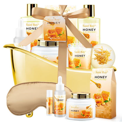 Picture of Valentines Day Gifts for Her Spa Gift Basket, Honey Almond Spa Basket Bath and Body Set with Bath Bomb, Jojoba Oil & Lip Balm, Birthday Holiday Home Spa Gifts for Women & Men Fathers Day Mother day