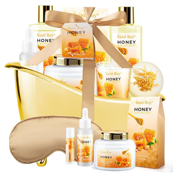 Picture of Valentines Day Gifts for Her Spa Gift Basket, Honey Almond Spa Basket Bath and Body Set with Bath Bomb, Jojoba Oil & Lip Balm, Birthday Holiday Home Spa Gifts for Women & Men Fathers Day Mother day