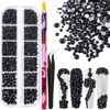 Picture of 6 Sizes Black Glass Crystal Kit with Pickup Pen + Tweezer Tools for Shine Nail Art Manicure Makeup DIY Decoration Flatback Round Swarovski Bead Rhinestone Gem Jewelry Diamond