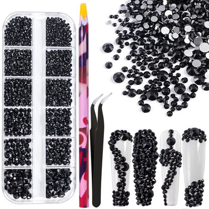 Picture of 6 Sizes Black Glass Crystal Kit with Pickup Pen + Tweezer Tools for Shine Nail Art Manicure Makeup DIY Decoration Flatback Round Swarovski Bead Rhinestone Gem Jewelry Diamond