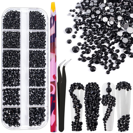 Picture of 6 Sizes Black Glass Crystal Kit with Pickup Pen + Tweezer Tools for Shine Nail Art Manicure Makeup DIY Decoration Flatback Round Swarovski Bead Rhinestone Gem Jewelry Diamond