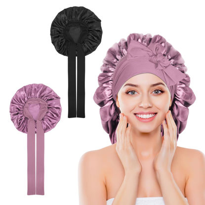 Picture of Arqumi 2 Pcs Satin Silk Bonnet for Sleeping Women, Large Long Strap Tie Band Adjustable Sleep Night Cap Hair Bonnet Wrap for Men, Black+Leather Red