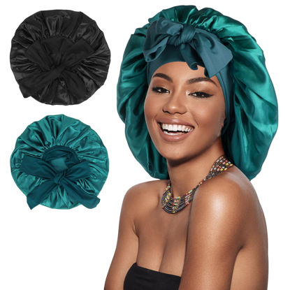 Picture of Arqumi 2 Pcs Satin Silk Bonnet for Sleeping Women, Large Long Strap Tie Band Adjustable Sleep Night Cap Hair Bonnet Wrap for Men, Black+Dark Green