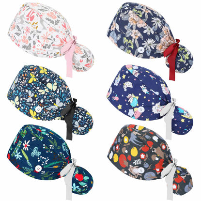 Picture of 6 Pcs Scrub Caps Women Nursing Hats with Buttons Adjustable Bouffant Nurse Hats Ponytail Holder Bouffant Turban(Retro Patterns)