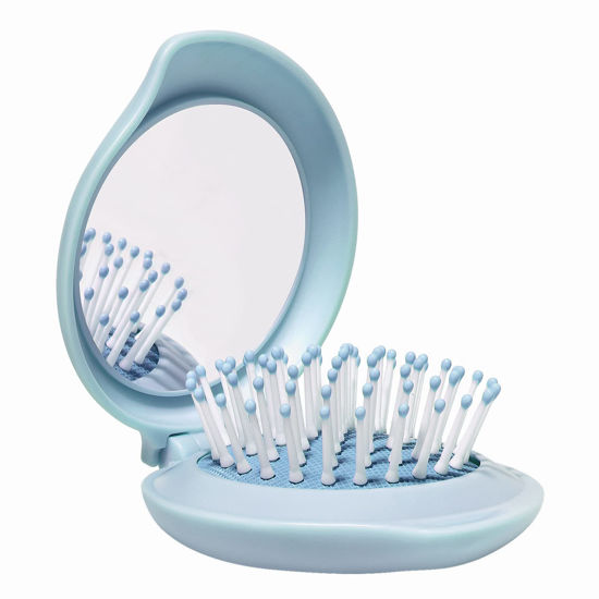 Picture of Arthaxi Hair Brush with Mirror, Compact Mirror with Mini Hair Brush Set, Folding Hairbrush for Women, Small Hair Comb with Mirror Combo, Blue