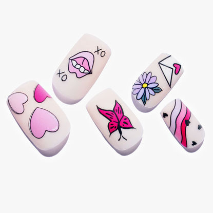 Picture of Cartoon Press on Nails Red Medium Square, GLAMERMAID Short Glue on Nails for Mother's Day Gift | Pink Love Heart False Nail, Pink Fake Nails Short Oval, Stick on Nails Set for Women Girlfriend Gift