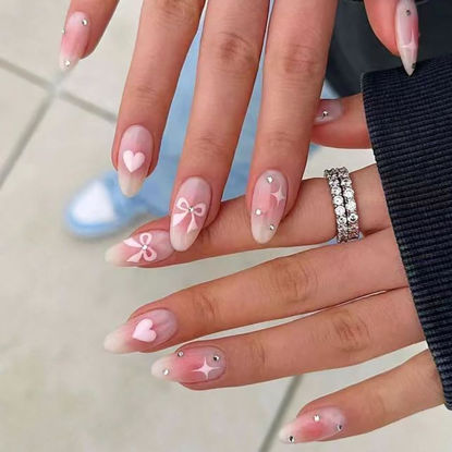 Picture of Ombre Pink Press on Nails Medium Almond Fake Nails with Heart Design Bow Glue on Nails Rhinestone Stick on Nails Glossy Reusable Star False Nails Valentines Nails for Women Girls Manicure 24pcs