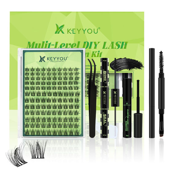Picture of Lash Extension Kit 3D Effect Fluffy Lash Clusters Kit KEYYOU 120pcs D Curl 8-18MIX Complete High Definition Waterproof Kit DIY Lash Extension Kit (Aura-8-18MIX)