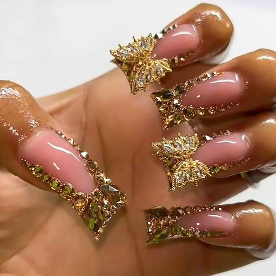 Picture of RUOKEXIN Long Press on Nails Duck Fake Nails Gold Glitter French Tip False Nails with Gold 3D Butterfly Designs Duck Nail Press ons Glossy Artificial Nails Cute Stick on Nails for Women 24Pcs