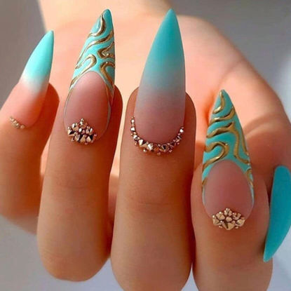 Picture of Hkanlre French Fake Nails Green Press on Nails Long Stiletto Acrylic False Nails Full Cover Rhinestones Nails for Women and Girls 24PCS