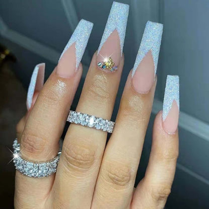 Picture of Hkanlre Rhinestones Press on Nails French Coffin Long Bling Fake Nails Nude Acrylic False Nails Full Cover Nails for Women and Girls 24PCS