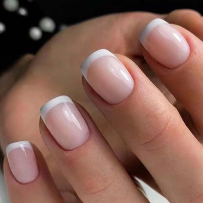 Picture of Hkanlre Short French Press on Nails Square Nude Fake Nails Acrylic Classic False Nails for Women and Girls 24PCS