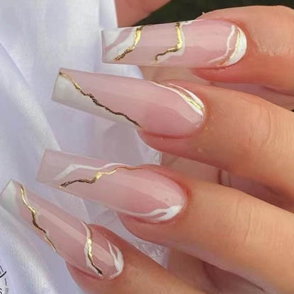 Picture of Hkanlre Gold Fake Nails Long Press on Nails Coffin Acrylic Geometry False Nails Full Cover Nails for Women and Girls 24PCS