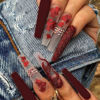 Picture of Hkanlre Red Press on Nails Tips Coffin Long Leaf Fake Nails Bling Full Cover Ballerina Rhinestones False Nails for Women and Girls 24PCS