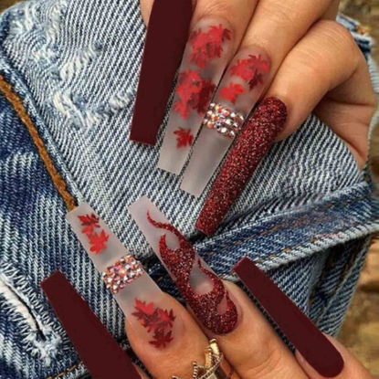 Picture of Hkanlre Red Press on Nails Tips Coffin Long Leaf Fake Nails Bling Full Cover Ballerina Rhinestones False Nails for Women and Girls 24PCS
