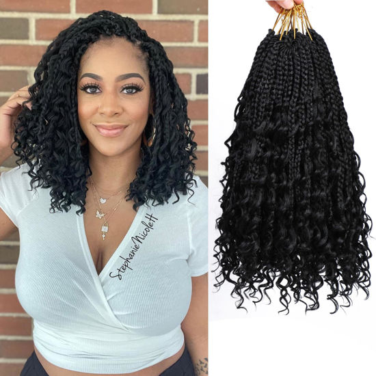 Picture of 8 Packs Goddess Box Braids Crochet Hair-14 Inch Crochet Box Braids Pre-looped Boho Crochet Braids Hair Synthetic Braiding Hair Extensions Crochet Hair for Black Women(1B)