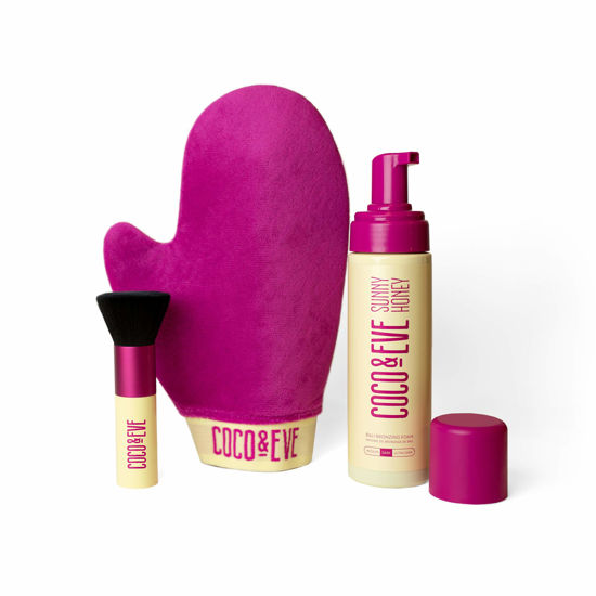 Picture of Coco & Eve Sunny Honey Bali Bronzing Bundle (Medium). All Natural Sunless Tanning Mousse. Instant Self Tanning Lotion with Bronzer, Mitt Applicator and Kabuki Brush.