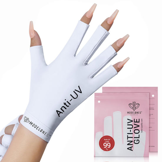 Picture of modelones UV Gloves for Gel Manicures, Premium UPF99+ UV Protection Gloves for UV/LED Gel Nail Lamp, Nail Art Skin Care Fingerless Anti UV Glove Protect Hands from UV Harm (White)
