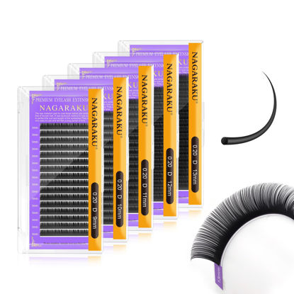 Picture of NAGARAKU 5 Trays Eyelash Extensions Individual Lashes 0.20mm D curl 9/10/11/12/13mm in 1 pack Classic Matte Black Natural Professional Faux Mink 16 rows