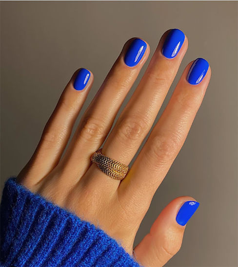 Picture of Square Fake Nails Short Press On Nails Dark Blue False Nails With Artificial Glossy Designs Acrylic Nails Press Ons Full Cover Glue On Nails Short Stick On Nails For Women 24Pcs